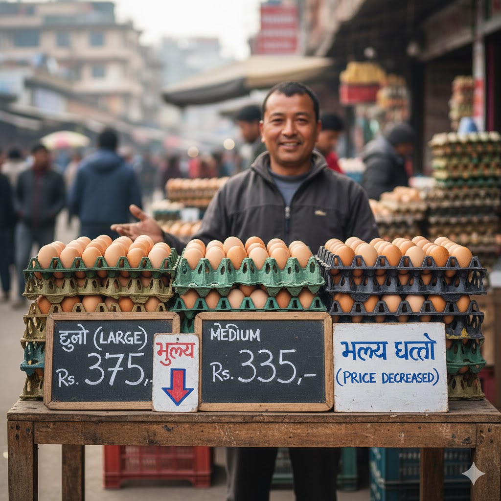 अण्डाको मूल्य घट्यो, ठूलो प्रतिक्रेट ३७५ र मिडियम ३३५ रुपैयाँ